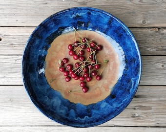 Extra Large Blue and Brown Ceramic Bowl, Fruit Bowl, Salad Bowl