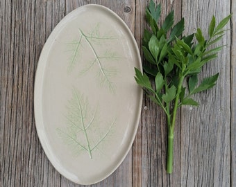 Large Beige Oval Plate With Green Leaf Reflection, Cearmic Oval Platter, Serving Platter, Sushi Board.