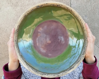 Large Green and Purple Ceramic Bowl, Fruit Bowl