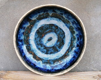 Extra Large Blue and Brown Ceramic Bowl, Fruit Bowl