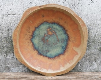 Large Irregular Ceramic Bowl, Brown and Green Serving Bowl