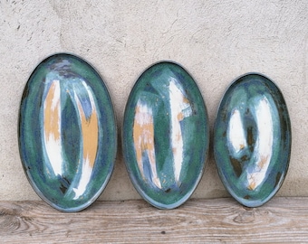 Set of 3 Ceramic Oval Plates, Platters in Shades of Green, Blue and White.