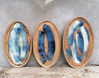 Set of 3 Ceramic Oval Plates, Platters in Shades of Brown, Blue and White.