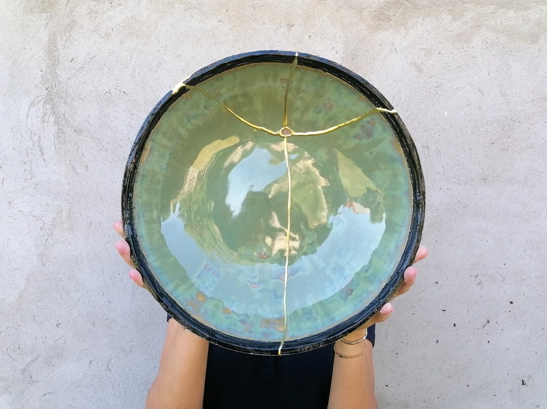 Unique Extra Large Kintsugi Bowl, 14 Green Bowl With Black Rim and ...
