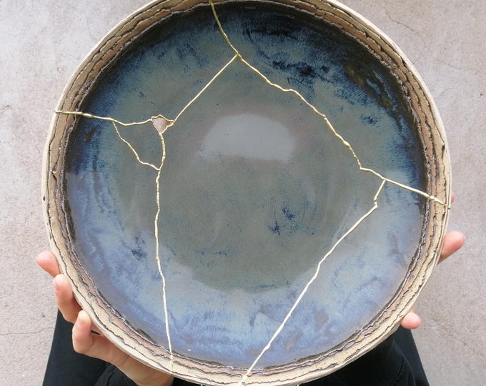 Large Kintsugi Bowl, Blue and Gray Kintsugi Bowl, Decorative Bowl - Etsy