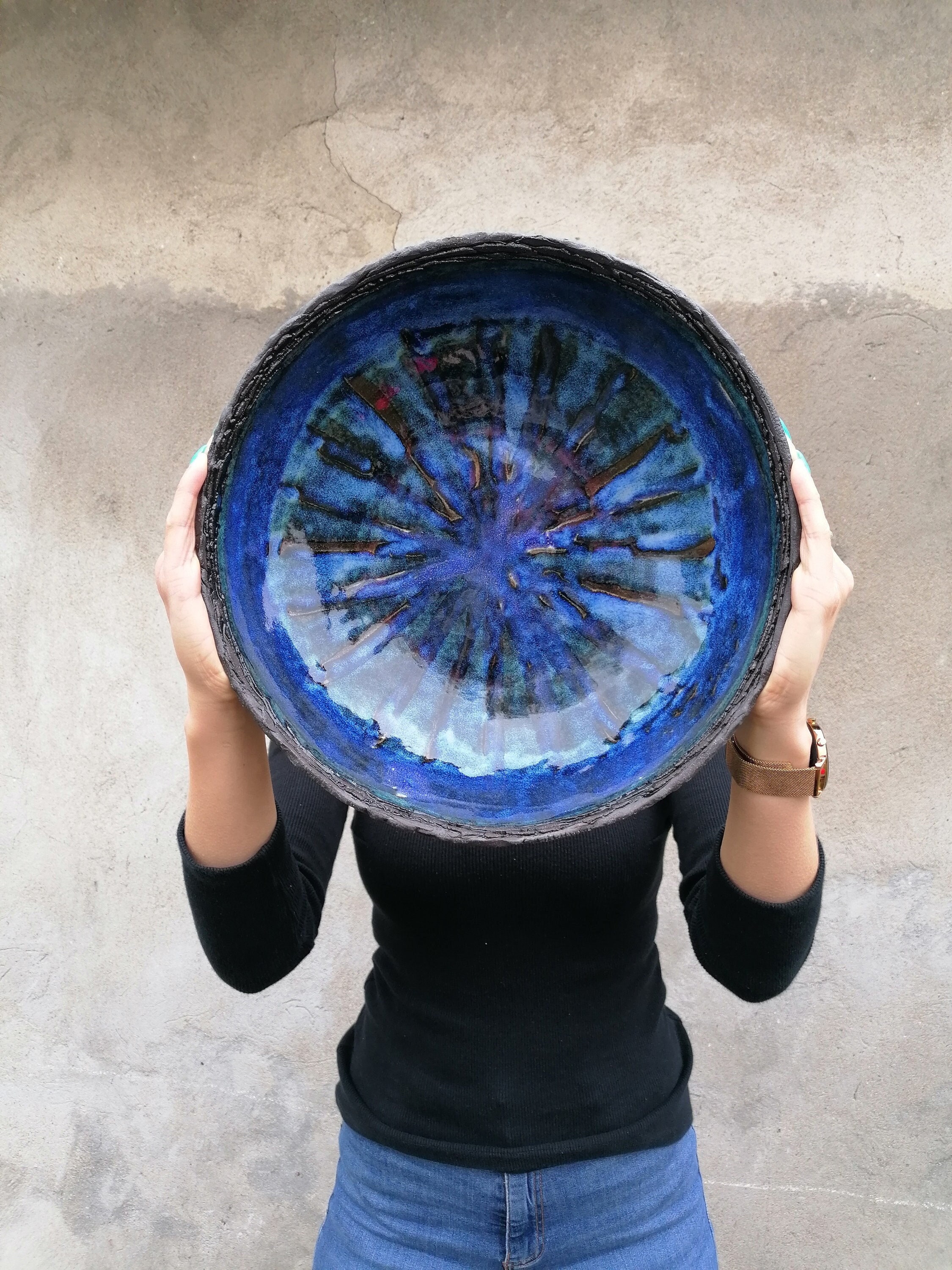 Extra Large Blue Ceramic Fruit Bowl Serving Bowl Decorative Etsy