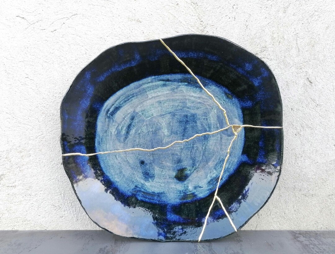 Extra Large Kintsugi Plate, 13.7, Blue Irregular Kintsugi Plate - Etsy