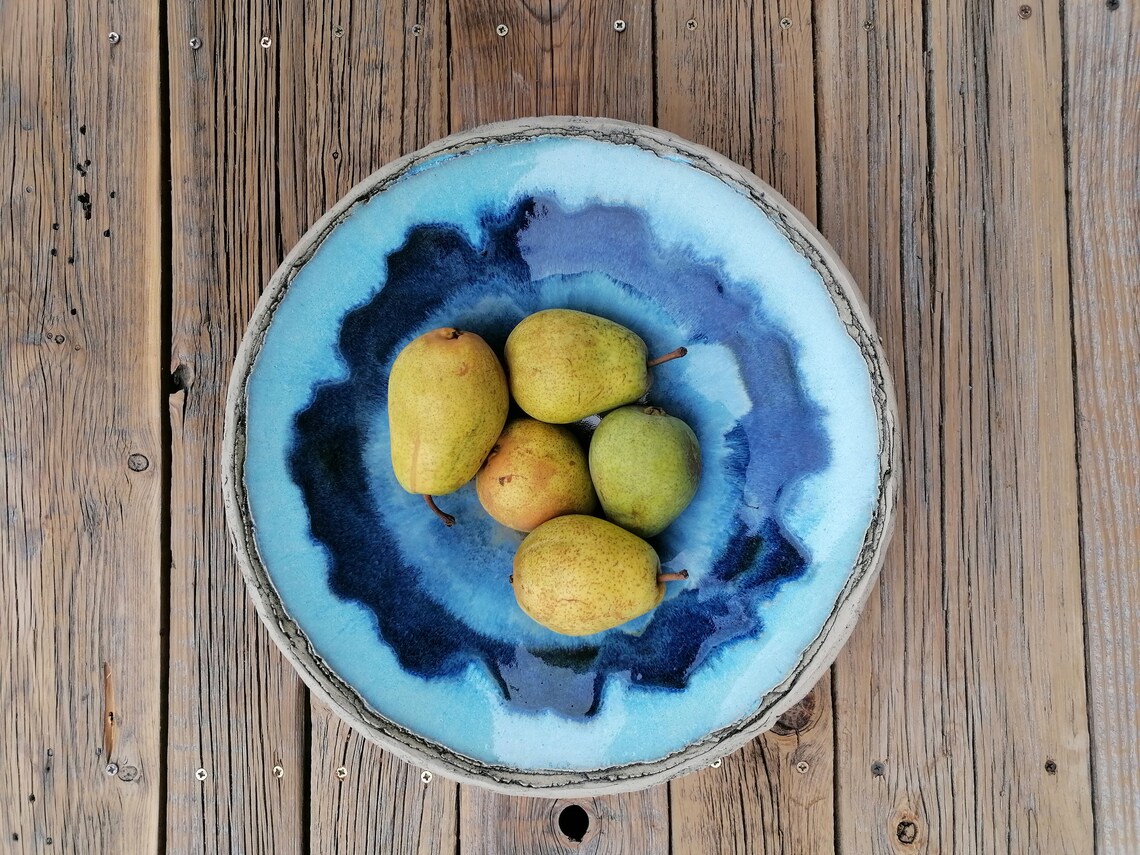 Large Blue Ceramic Bowl Conical Bowl Fruit Bowl Etsy