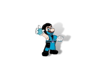 May include: A blue and black enamel pin featuring a cartoon character in a blue and black ninja costume holding a blue ice ball.