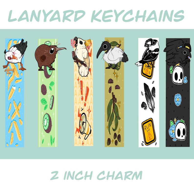 May include: Six colorful lanyard keychains featuring different animal illustrations. Each keychain has a 2 inch charm with a unique design. The charms include a kiwi, a cockatoo, a bird with a black beak, a bird with a yellow beak, a black bird with a skull, and a seagull.