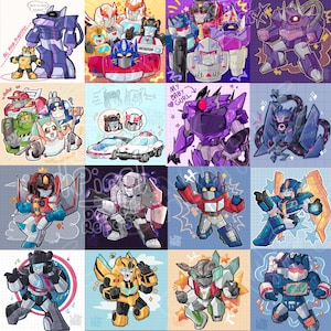 May include: Sixteen cartoon illustrations of Transformers characters in a grid. Each image shows a different character or group of characters in dynamic poses. The artwork has a playful, animated style with bold outlines and vibrant colours.