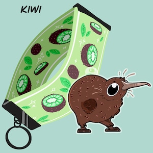 May include: A brown kiwi bird with a long beak and large eyes stands on a green and white background. The background features a repeating pattern of kiwi fruit slices. The text "KIWI" is written in black at the top of the image.
