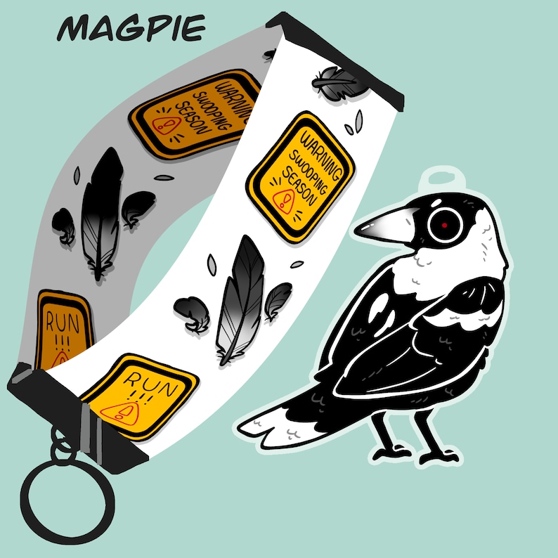 May include: A black and white cartoon magpie with a red eye, perched on a branch. The magpie is holding a sign that says "Warning swooping season". The sign is yellow with black text. The magpie is also holding a sign that says "Run!!!". The sign is yellow with black text. The magpie is also holding a sign that says "Warning swooping season". The sign is yellow with black text.