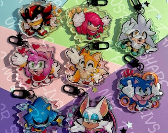 May include: A collection of clear acrylic keychains featuring various cartoon characters. Each keychain has a black clasp and a star charm. The characters include a red and black hedgehog, a pink echidna, and a silver hedgehog.