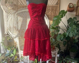 1980s Cherry Red High Low Strapless Evening Dress // Size 00- 0 / XXS - XS