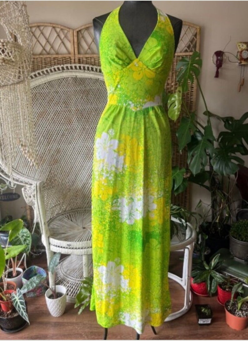 1970s Neon Floral Maxi Dress / Beach Dress / Halter Dress // Size 4 6 ...