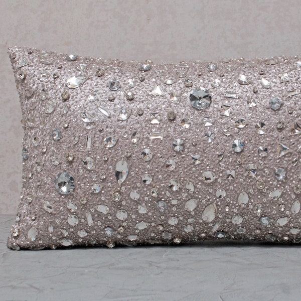 Silver Grey Bling Crystal Throw Pillow Cover Luxury Contemporary Modern Pillow Cover Hand Embroidery Embellished  BMCC333