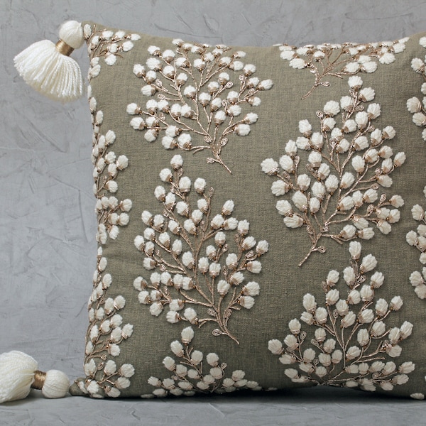 Sap Green Off-white Gold Throw Pillow cover Luxury Contemporary Modern Pillow cover Hand Embroidered Embellished  BMCC304