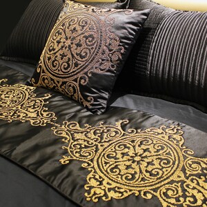 Black Satin Gold Beads Bed Runner Set 53 X 18 Luxury Contemporary ...