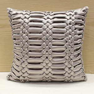 Silver Grey satin Smocking Throw Pillow Cover Luxury Contemporary Modern Pillow Cover Surface Embellished Custom Accent Personalised BMCC111