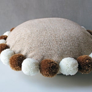 Beige Tan Cream Pompom Bohemian Round Throw Pillow Cover Luxury Contemporary Embellished Custom Accent Personalised pillow Cover BMCC194