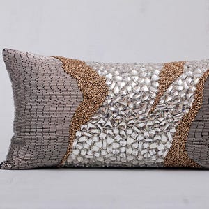 Grey Gold Silver Bling Throw Pillow cover Luxury Contemporary Modern Pillow cover Hand Embroidered Embellished  BMCC291