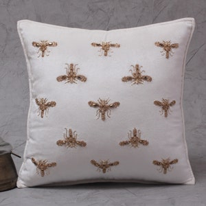 White antique Gold Insect Throw Pillow Cover Luxury Contemporary Modern Pillow Cover Embroidery Embellish Custom Accent Personalised BMCC282