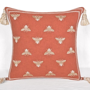 Rust white Gold Embroidered Bee Throw Pillow Cover Luxury Contemporary Modern Hand Embroidery Accent Personalised pillow BMCC474