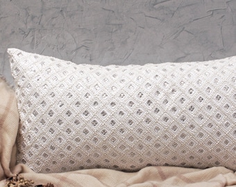 Hand Embroidered White Satin Pillow Cover: Pearl, Crystal, & Rhinestone | BMCC273
