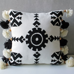 Off-white Cotton Black throw Pillow Cover wool embroidery Boho Luxury Contemporary Modern Hand Embroidered Embellished Custom pillow BMCC188