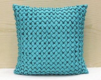 Turquoise Satin Smocking Throw Pillow Luxury Contemporary Pillow Modern Pillow Surface Embellished Custom Accent Personalised pillow 093