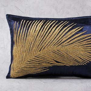Navy Blue Velvet Gold Throw Pillow Cover Luxury Contemporary Modern Pillow Cover Hand Embroidered Embellished  BMCC328