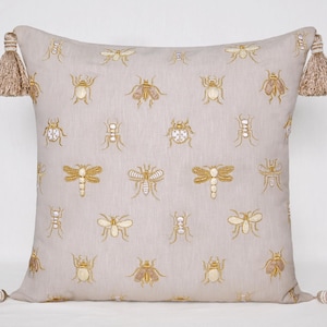 Light beige white Gold Embroidered Bee Throw Pillow Cover Luxury Contemporary Modern Hand Embroidery Accent Personalised pillow BMCC470