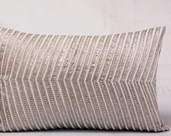 Hand Embroidered Pearl Pillow Cover: White Satin, Silver Beads | BMCC269