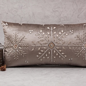 Christmas Grey Silver Bling Throw Pillow cover Luxury Contemporary Modern Pillow cover Hand Embroidered Embellished  BMCC254