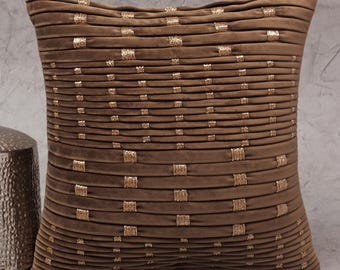 Brown Velvet Pillow Cover, Gold Bead Embellished, Modern Accent | BMCC245