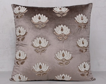 Grey White Gold Lotus Throw Pillow Cover Luxury Contemporary Modern Pillow Cover Embroidery Embellish Custom Accent Personalised BMCC335