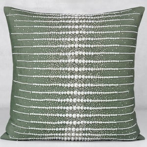 Blue Cotton Linen Pearl Pillow cover Luxury Contemporary Modern Pillow Cover Hand Embroidery Embellished  BMCC426