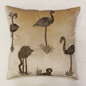 Ecru Antique Gold Velvet Flamingo Throw Pillow Cover Luxury Contemporary Hand Embroidered Embellished Accent Personalised pillow BMCC123