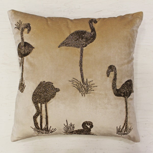 Ecru Antique Gold Velvet Flamingo Throw Pillow Luxury Contemporary Modern Pillow Hand Embroidered Embellished Accent Personalised pillow 123