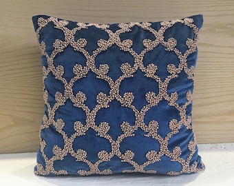 Blue Velvet Rose Gold Pearl Throw Pillow Luxury Contemporary Modern Toss Pillow Hand Embroidered Embellished Accent Personalised pillow 068