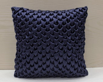 Navy Blue satin Smocking Throw Pillow Luxury Contemporary Modern Toss Pillow Surface Embellished Custom Accent Personalised 16 x 16 117