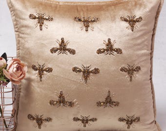 Gold Velvet Insect Pillow Cover, Beaded Embroidery Accent | BMCC281
