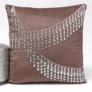 Taupe Silver Bling Throw Pillow cover Luxury Contemporary Modern Pillow cover Hand Embroidered Embellished  BMCC278