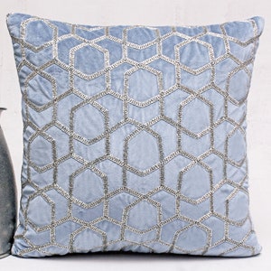 Dusty Blue Silver Luxury Contemporary Throw Pillow Cover Modern Hand Embroidered Embellish Custom Accent Personalised pillow cover BMCC284
