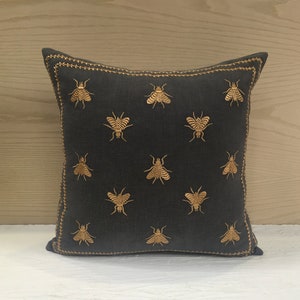Charcoal Grey Gold Cotton Poly Throw Pillow Luxury Contemporary Modern Hand Embroidered Embellished Accent Personalised pillow 057