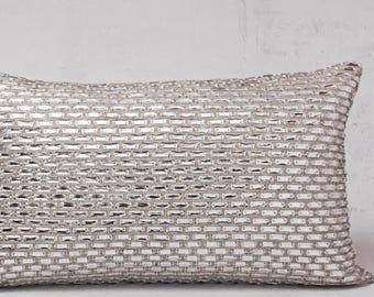 Hand Embroidered White Satin Pillow Cover: Silver Beads, Rhinestone Crystals | BMCC267