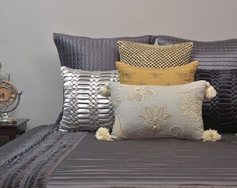 Embroidered Duvet Cover Set: Charcoal Grey and Gold, Luxury Bedding | BMDCS005