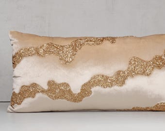 Hand Embroidered Velvet Pillow Cover, Abstract Gold Beaded Design | BMCC362