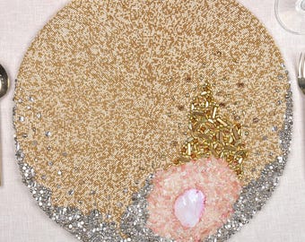 Luxury Beaded Placemat Cream gold silver pink beaded placemat for Dining table Kitchen Decor Dining couture BMTPL011